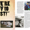 A magazine spread features bold “WE’RE OFF TO FEST!” text, festival signs, and people at the Philadelphia Folk Festival, with columns narrating musical heritage—all showcasing Smiling Banjo from Schiffer Publishing, Ltd.