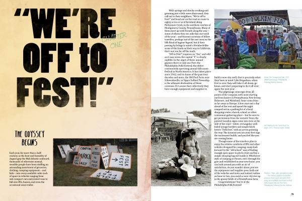 A magazine spread features bold “WE’RE OFF TO FEST!” text, festival signs, and people at the Philadelphia Folk Festival, with columns narrating musical heritage—all showcasing Smiling Banjo from Schiffer Publishing, Ltd.
