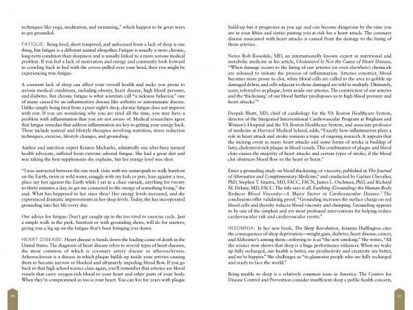 A two-page spread from "Barefoot Wisdom" by Schiffer Publishing, Ltd. features dense columns of text on topics like fatigue, heart disease, grounding, and insomnia—only section headings and text blocks appear, with no images or illustrations.