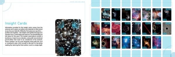 A page from Schiffer Publishing, Ltd.’s First Light Tarot guidebook shows Insight Cards with descriptions on the left and 24 cosmic-themed cards—stars, galaxies, and nebulae—in four rows on the right, part of the 66-card First Light Tarot set.