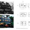 On the left, two photos—one black and white, one color—of a three-story house in Wellesley, MA. On the right, four floor plans from 1919 and 2019 illustrate "In Bohemia" by Schiffer Publishing, Ltd., evoking love and loss across generations.