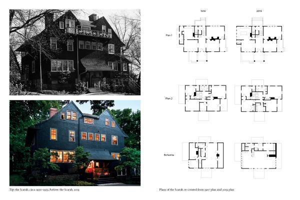 On the left, two photos—one black and white, one color—of a three-story house in Wellesley, MA. On the right, four floor plans from 1919 and 2019 illustrate "In Bohemia" by Schiffer Publishing, Ltd., evoking love and loss across generations.