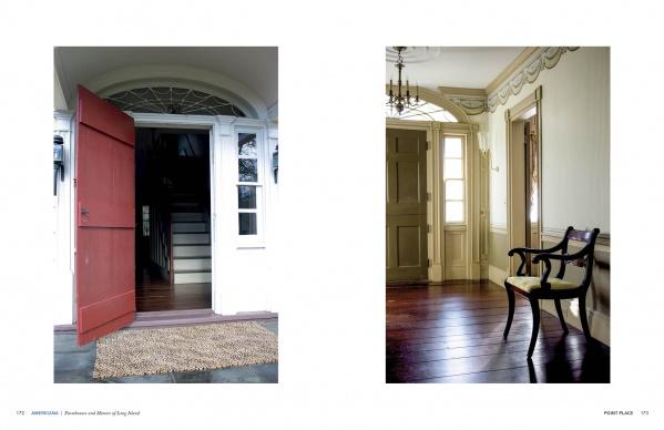 Left: The Americana book by Schiffer Publishing, Ltd. shows a red door to a colonial-style house with woven doormat and staircase. Right: A sunlit hallway with wood floors, chair, and arched windows captures Long Island country charm.