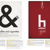 A two-page spread in Schiffer Publishing’s Alternative Movie Posters shows a black ampersand for “Coffee and Cigarettes” on the left and a white “h” on red for “Heathers” on the right, with columns of text along each side.