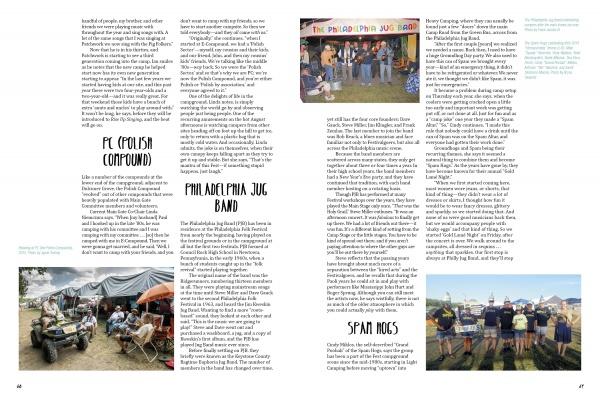 A magazine page captures the vibrant energy of the Philadelphia Folk Festival, featuring Smiling Banjo from Schiffer Publishing, Ltd., a celebration of musical heritage and timeless traditions.