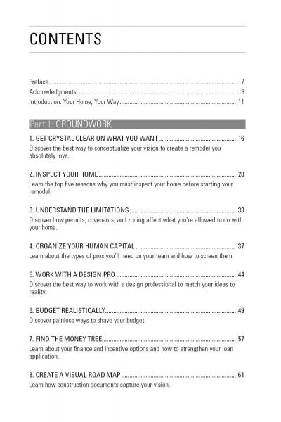 The table of contents in *Remodel Success* by Schiffer Publishing, Ltd. lists topics like setting goals, home inspection, recognizing limitations, budgeting, hiring a contractor, and includes page references for each section.