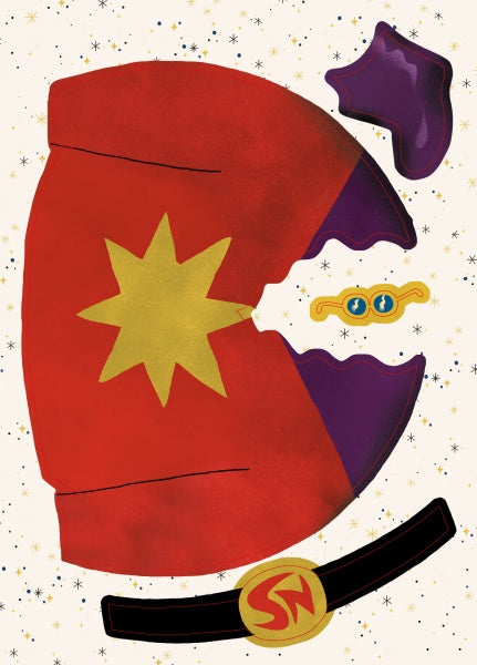 A scene from "Yikes! Santa Claus is in His Underpants!" by Schiffer Publishing, Ltd. shows a torn red superhero suit with a yellow star, revealing purple lining, blue goggles, and a black belt with a yellow SN emblem on a starry white background.