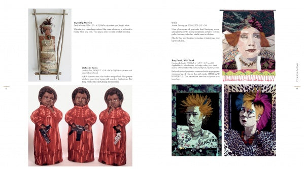 A magazine spread from Schiffer Publishing, Ltd.’s "The Art Is the Cloth" features textile art: dolls in elaborate clothing, three identical red-robed figures, woven portraits of women, and vibrant punk-inspired mixed-media portraits.