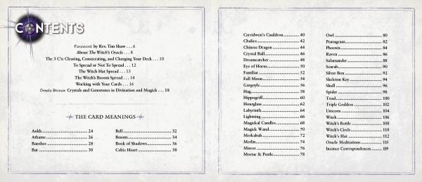 The Witch’s Oracle, 2nd Edition by Schiffer Publishing, Ltd. features a two-page table of contents: card meanings and introduction on the left, with oracle cards and crystal magick on the right, all in a mystical, ornate style with page numbers.