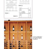 Architectural sketches and a photo from "Designing Wine Cellars" by Schiffer Publishing, Ltd. showcase a wooden wine storage system with vertical and horizontal racks, ideal for wine aging and bottle display. Caption: A nice combination of wood and glass; Umathum.