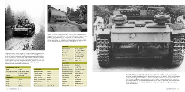 A book spread from Schiffer Publishing, Ltd.'s "Sturmgeschütz" shows WWII German tanks and Sturmgeschütz vehicles on forest roads with black-and-white photos, close-ups, data tables, and details on the Ausf H variant.
