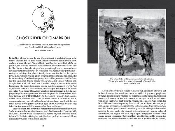 A spread from Ghosts, Legends, and Lore of the Rockies (Schiffer Publishing, Ltd.) shows text on the left and a black-and-white photo of a cowboy on horseback on the right. The decorative chapter, Ghost Rider of Cimarron, explores Old West supernatural tales.
