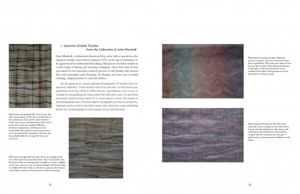 A two-page spread from Schiffer Publishing, Ltd.’s "Ondulé Textiles" shows text and a fabric image on the left page, and three detailed close-ups of ondulé textiles with subtle colors and unique textures on the right.