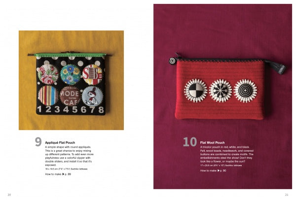 A two-page spread from "50 Pouches" by Schiffer Publishing, Ltd. shows a black applique flat pouch with colorful numbered circles and a red wool pouch with black-and-white circles—perfect inspiration for fabric scrap projects.