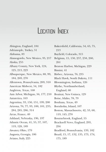 A location index in UFO Conspiracy by Schiffer Publishing, Ltd. lists cities, states, and countries—like England, Alaska, and Pennsylvania—with page numbers for each government conspiracy or UFO sighting entry.