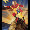 A child jester stands on a rocky peak at sunset, reaching for a yellow butterfly. The Fool card, numbered 0, is a vibrant image from the Pagan Ways Tarot by Schiffer Publishing, Ltd., a unique Pagan-themed tarot deck.