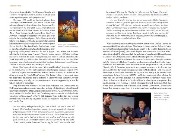 A book spread from "It Came From the Video Aisle!" by Schiffer Publishing, Ltd. shows fantasy figures battling on the left page and two men with a dragon puppet on the right, capturing the creative vibe of classic Full Moon Entertainment B-movies.