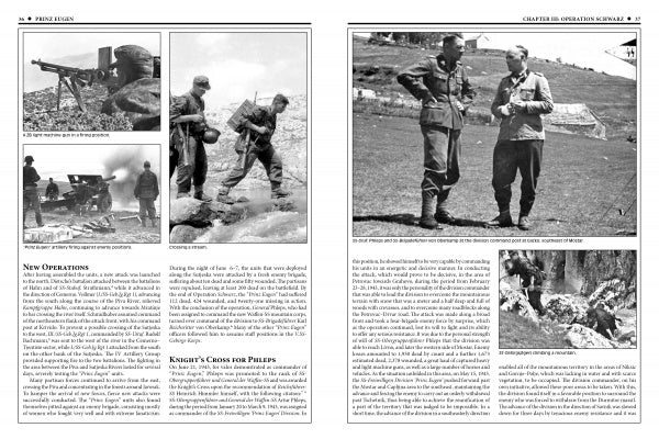 A black-and-white book spread from "The 7th Waffen-SS Volunteer Gebirgs (Mountain) Division Prinz Eugen" by Schiffer Publishing, Ltd. shows WWII photos: soldiers by artillery, crossing a stream, two officers outdoors, and a soldier near a ravine.