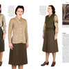 Three women model 1940s WWII uniforms in "Women For Victory Vol 2" by Schiffer Publishing, Ltd., featuring a khaki shirt, dark skirt, tan cardigan, and green sweater vest. An inset shows American servicewomen in similar uniforms.