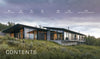 A modern house with large glass windows sits on a grassy hillside under a cloudy sky, illustrating innovative home design in "Designing for Disaster" by Schiffer Publishing, Ltd. Text above lists: Introduction, Water, Earth, Fire, Wind, Resources, and Architects & Builders with page numbers.