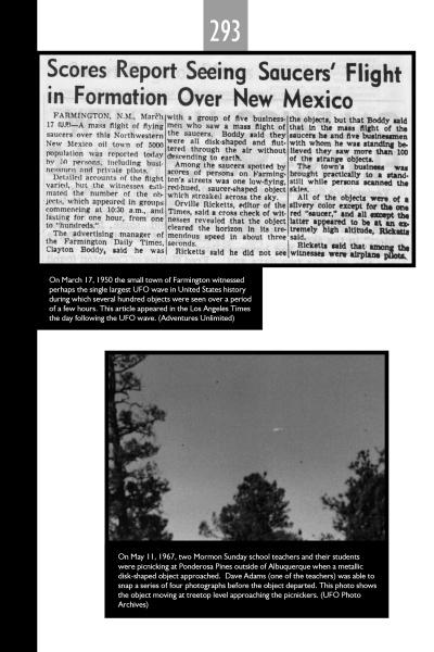 Shown are two black-and-white photos and captions from Schiffer Publishing, Ltd.'s UFOs Over New Mexico, referencing sightings including Roswell and incidents from 1950 and 1967, beneath a headline about saucers in formation.