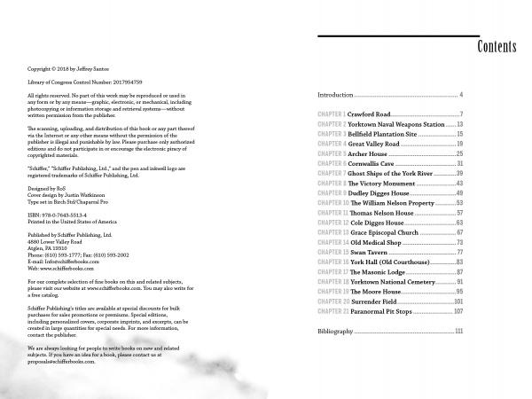 In Schiffer Publishing’s "Ghosts of Yorktown, Virginia," the left page shows copyright info; the right lists an introduction and 14 chapters on historic and haunted Yorktown sites, plus a bibliography.