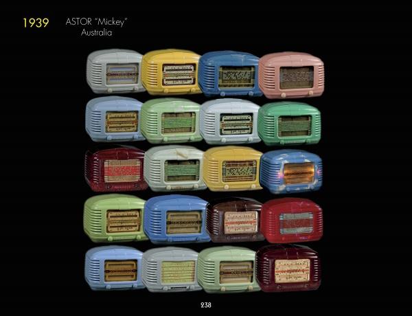A grid of 20 Deco Radio units by Schiffer Publishing, Ltd. in yellow, green, blue, pink, and red, inspired by vintage 1939 Art Deco designs, displayed against a black background.