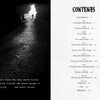 The book "Disembodied Voices" by Schiffer Publishing, Ltd. opens with a dark image of a lone figure walking toward light and a table of contents listing true stories of paranormal encounters with chapter titles and page numbers.