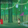 In "If You Give the Puffin a Muffin" by Schiffer Publishing, Ltd., a puffin apologizes to a girl startled by a purple bird near a tiny red door in the woods, with lanterns and fairy lights glowing in the whimsical scene.