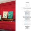 A red wall with art and objects on a mantle captures Americana style, as featured in "Americana" by Schiffer Publishing, Ltd., shown next to the book's table of contents listing chapters and page numbers on Long Island country homes.