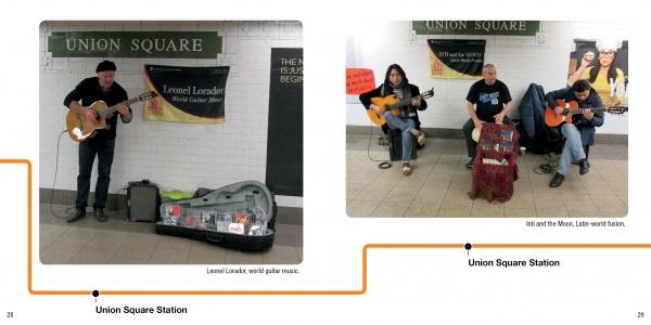 Two photos from "Subway Beats" by Schiffer Publishing, Ltd. show New York City buskers at Union Square: a solo guitarist with a banner on the left and a vibrant trio of subway performers on the right.
