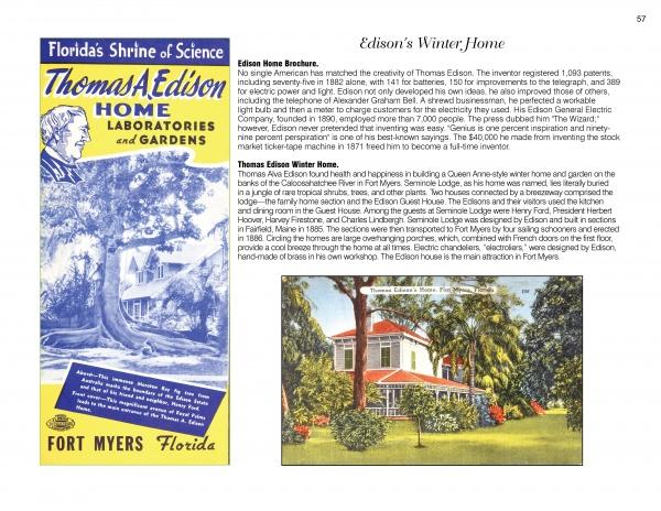 The book '50s Roadside Florida by Schiffer Publishing, Ltd. features a vintage brochure of Thomas Edison’s winter home in Fort Myers, Florida, with a photo of the white house, red roof, palm trees, and lawn.