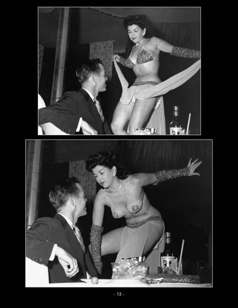 Two black-and-white photos from "Striptease Artists of the 1950s" by Schiffer Publishing, Ltd. show a woman in a sparkling bikini striking dramatic poses on stage next to a seated man, channeling the era's iconic burlesque style.