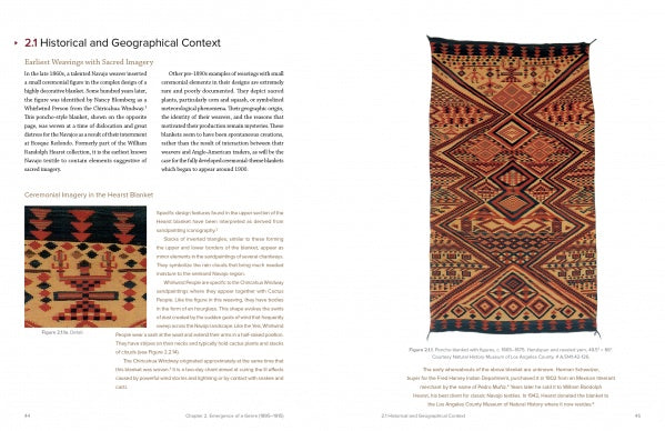 Two pages from "Navajo Weavings with Ceremonial Themes" by Schiffer Publishing, Ltd. delve into the history and geography of textiles, with text and two images of Navajo weavings featuring geometric patterns in earthy red, brown, and black tones.