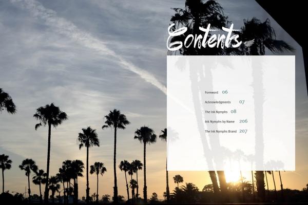 A sunset silhouette of palm trees with a translucent white contents box and sections listed in the upper right, "Contents" in a bold font—capturing the AOI Ink Nymphs Los Angeles tattoo book by Schiffer Publishing, Ltd.