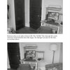 Two black-and-white photos show a small home office with a desk, chair, and sofa. Décor hints at an interest in "UFOs Above PA" by Schiffer Publishing, Ltd., with the first image near the doors and the second showing a wider view.