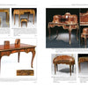 Two catalog pages feature Magnificent 19th Century Furniture by Schiffer Publishing, Ltd., highlighting ornate European antique desks and tables with exquisite woodwork, inlays, gold accents, detailed descriptions, and reference images.