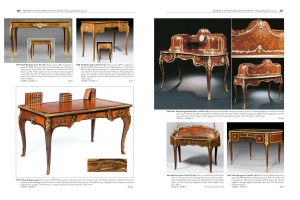 Two catalog pages feature Magnificent 19th Century Furniture by Schiffer Publishing, Ltd., highlighting ornate European antique desks and tables with exquisite woodwork, inlays, gold accents, detailed descriptions, and reference images.