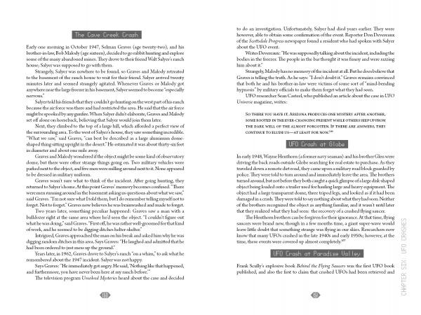 Two pages from "UFOs Over Arizona" by Schiffer Publishing, Ltd. cover UFO crashes like Gora Gavdi, Blabu, and Paphos, reference the Phoenix Lights, and highlight Arizona’s notable extraterrestrial encounters. The text includes section headings.