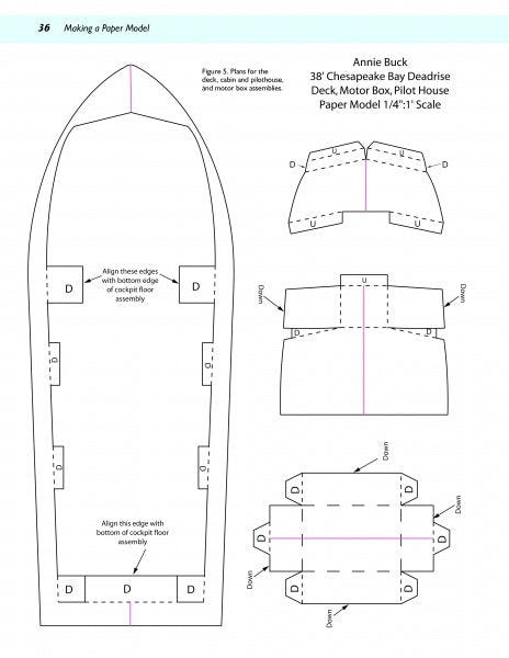 Fundamentals of Model Boat Building" by Schiffer Publishing, Ltd. includes paper templates for a 38' Chesapeake Bay Deadrise boat, labeled cut-outs for deck, motor box, and pilot house, with fold lines and classic assembly instructions.
