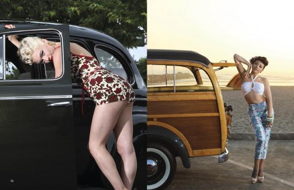 Two women evoke vintage pinup style by classic cars—one in a floral romper, the other in a white crop top and capris—near the beach, as seen in "Kittens and Kulture" from Schiffer Publishing, Ltd.