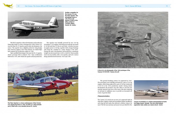 A magazine spread from Schiffer Publishing, Ltd.'s "Twin Cessna," featuring black-and-white and color photos with captions detailing the development of general aviation planes in the Cessna 400 series.