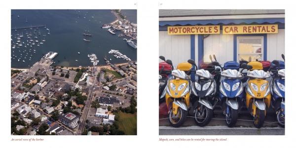 Left: Aerial view of Martha's Vineyard harbor. Right: Yellow and blue scooters line up by a building with a Motorcycles Car Rentals sign. Captivating images from "Martha's Vineyard" by Schiffer Publishing, Ltd.—an ideal photography book.