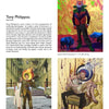 A page from Newbrow by Schiffer Publishing, Ltd. showcases three vibrant pop-surrealist Tony Philippou paintings: a man with a blue bear in a city, a winged angel over a crowd, and a haloed man with a lion. Artist bio and artwork details appear on the left.