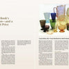 In "Mid-Century Modern Glass in America" by Schiffer Publishing, Ltd., the left page details book organization, price guides, and glass manufacturer insights; the right page showcases vibrant glassware—glasses, bowls, and pitchers—artfully arranged.