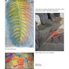 A collage of three artworks inspired by mosaic art from "Fused Glass Mosaics" by Schiffer Publishing, Ltd.: a vibrant palm leaf chalk drawing, a dancing girl in progress, and bright steel drums—all labeled underneath.