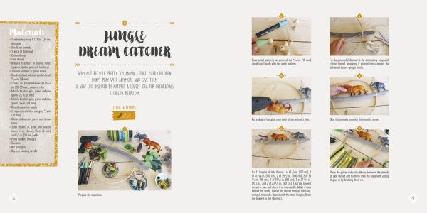 Dream Catchers by Schiffer Publishing, Ltd. provides a bohemian chic jungle craft guide: materials and supply photo on the left page, plus four step-by-step illustrated instructions to create unique dream catcher wall hangings on the right.