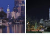 A nighttime view of Philadelphia’s skyline and City Hall with the Clothespin sculpture highlights Pennsylvania, a stunning photography book by Schiffer Publishing, Ltd., against a dark blue sky.