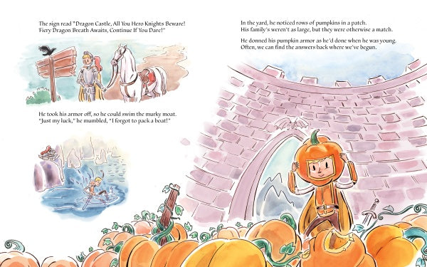 A storybook page inspired by The Bravest Knight Who Ever Lived (Schiffer Publishing, Ltd.) shows a knight by a pond, removing armor to swim; nearby, someone warns of Dragon Castle. At right, a child in a pumpkin costume stands near the pumpkin patch wall.