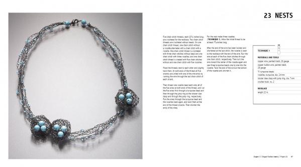 The book "From Thread and Wire" by Schiffer Publishing, Ltd. features a delicate necklace with wire nests and blue beads, shown on a gray background, alongside a "23 NESTS" page detailing materials and step-by-step instructions.